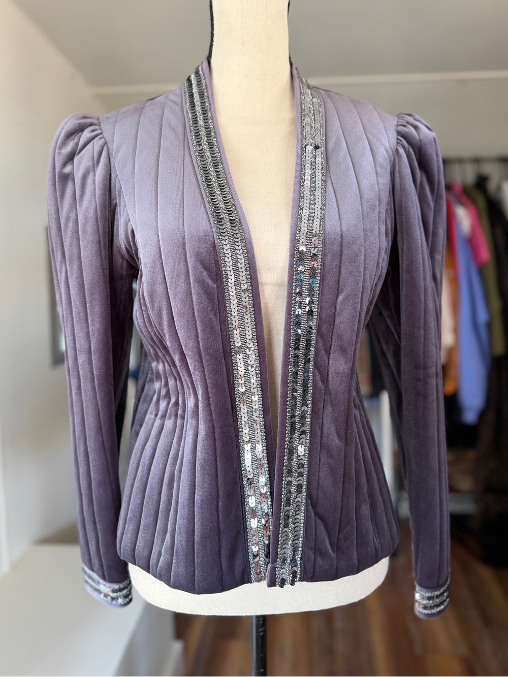 Vintage Quilted Velvet Jacket with Sequin Trim - Grey